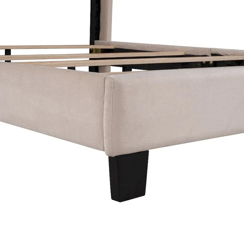 Lit plateforme rembourré en velours, format queen, sommier requis