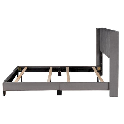 Lit plateforme rembourré en velours, format queen, sommier requis