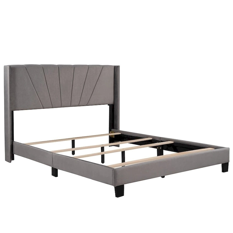 Lit plateforme rembourré en velours, format queen, sommier requis