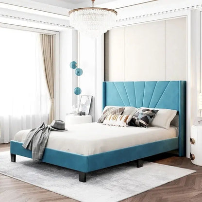 Lit plateforme rembourré en velours, format queen, sommier requis