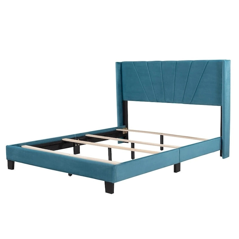 Lit plateforme rembourré en velours, format queen, sommier requis