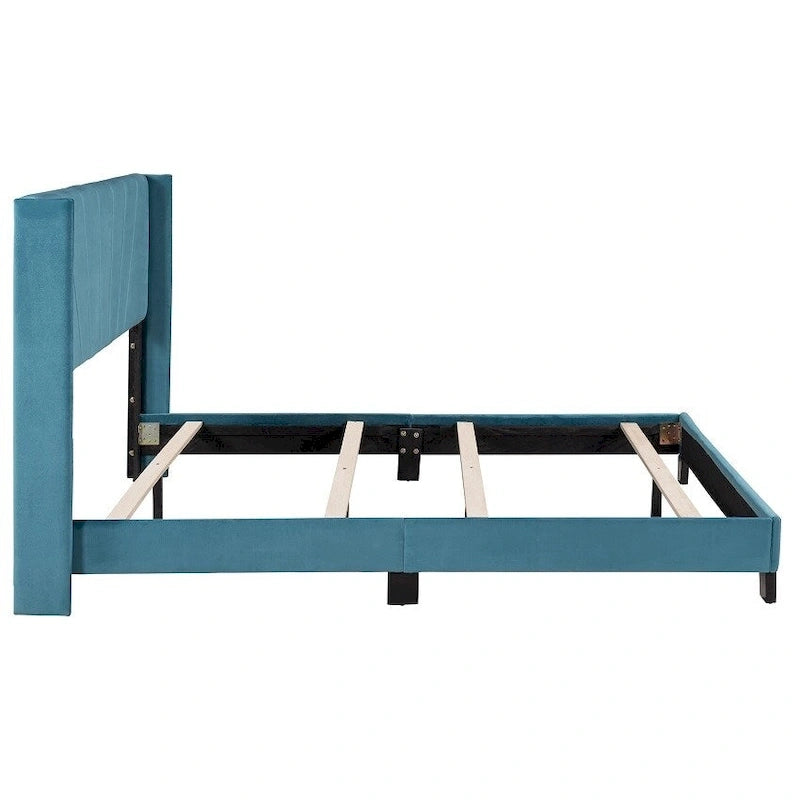 Lit plateforme rembourré en velours, format queen, sommier requis