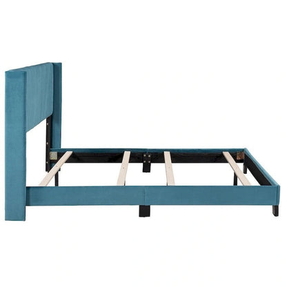 Lit plateforme rembourré en velours, format queen, sommier requis