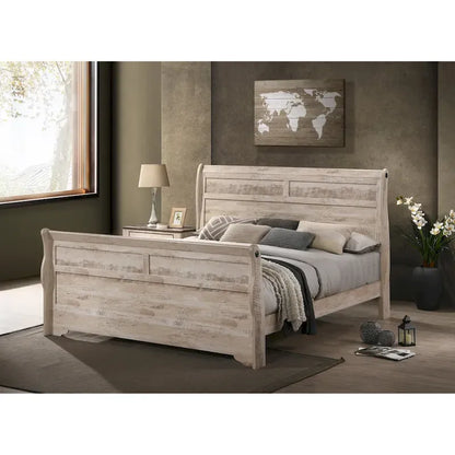 Ensemble de chambre à coucher contemporain Roundhill Furniture Imerland, finition blanchie, comprenant un lit traîneau, une commode, un miroir et deux tables de chevet.