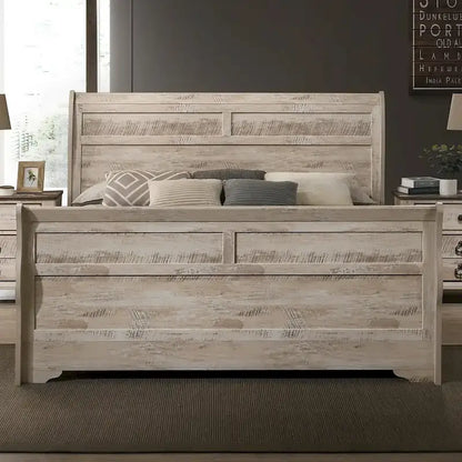 Ensemble de chambre à coucher contemporain Roundhill Furniture Imerland, finition blanchie, comprenant un lit traîneau, une commode, un miroir et deux tables de chevet.