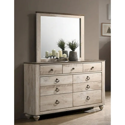 Ensemble de chambre à coucher contemporain Roundhill Furniture Imerland, finition blanchie, comprenant un lit traîneau, une commode, un miroir et deux tables de chevet.