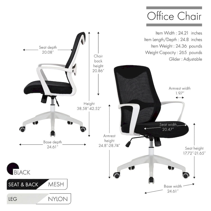 Chaise de bureau Porthos Home Casen, dossier en maille, assise réglable en hauteur
