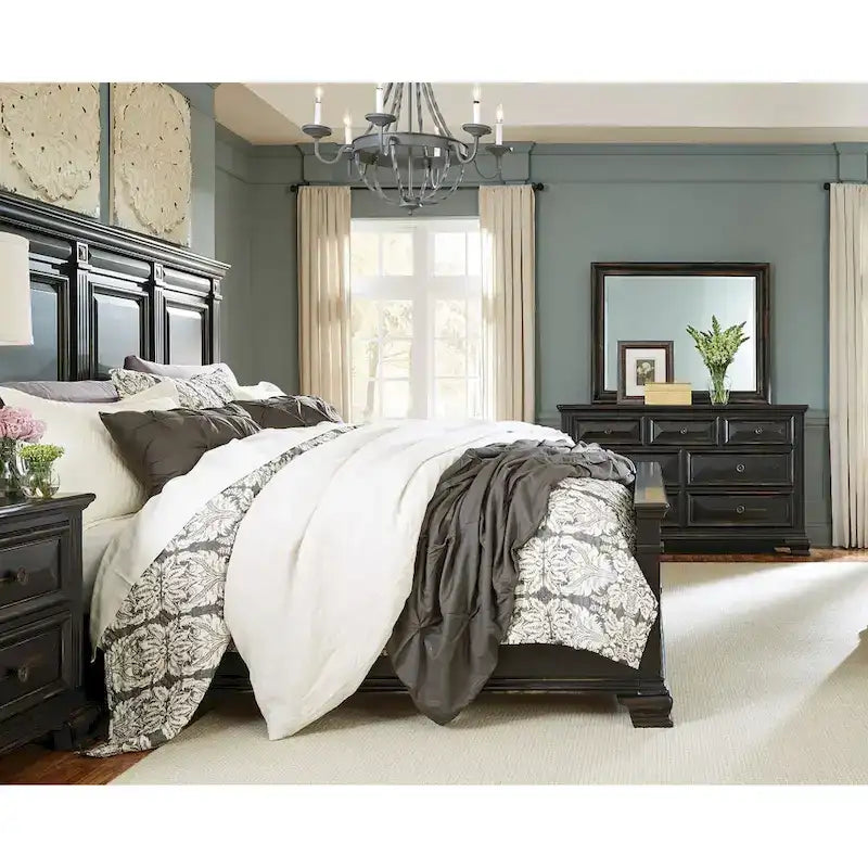 Ensemble de chambre à coucher Roundhill Furniture Renova 4 pièces avec panneaux en bois noir vintage