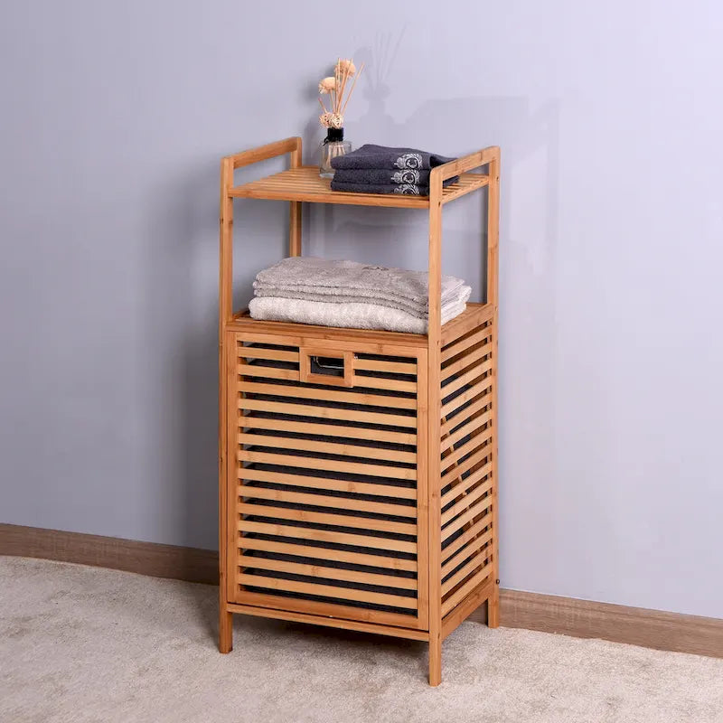 Meuble de rangement sous-sol en bambou marron pour salle de bain ou buanderie, avec étagère à 2 niveaux - 44 x 33 x 96 cm