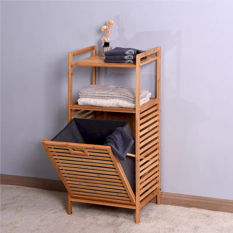 Meuble de rangement sous-sol en bambou marron pour salle de bain ou buanderie, avec étagère à 2 niveaux - 44 x 33 x 96 cm