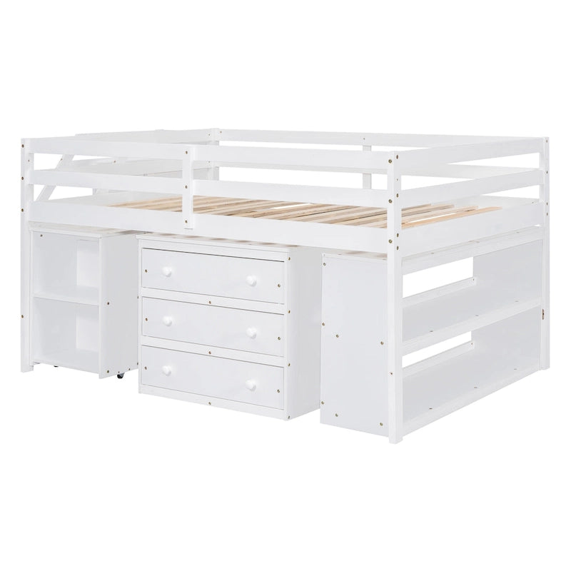 Lit mezzanine double avec bureau escamotable et 3 tiroirs, lit mezzanine en bois avec escalier et étagères de rangement, blanc