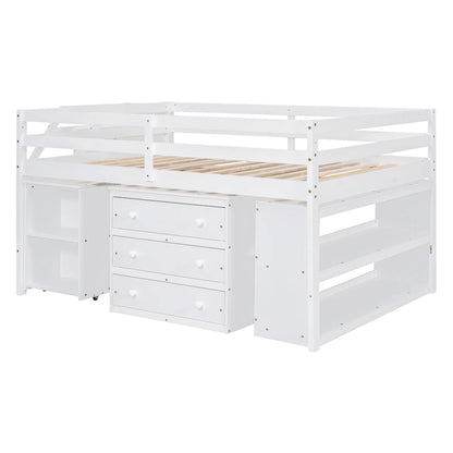 Lit mezzanine double avec bureau escamotable et 3 tiroirs, lit mezzanine en bois avec escalier et étagères de rangement, blanc
