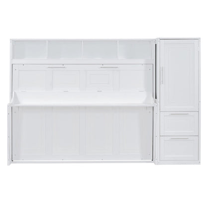 Lit escamotable mural double avec placard et tiroirs, blanc