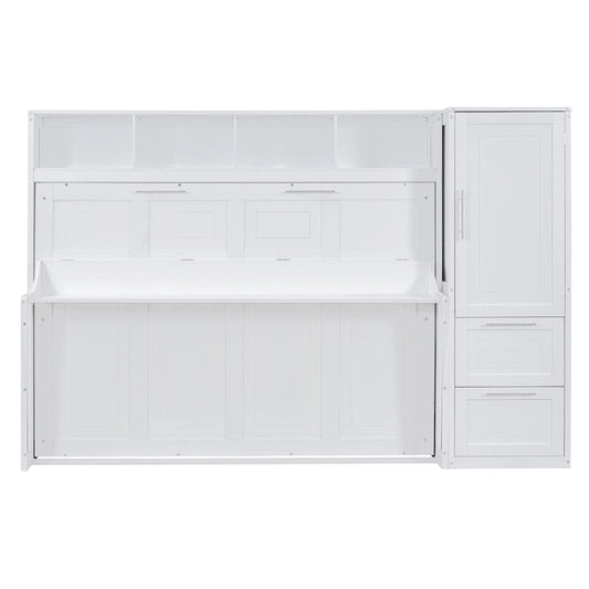 Lit escamotable mural double avec placard et tiroirs, blanc