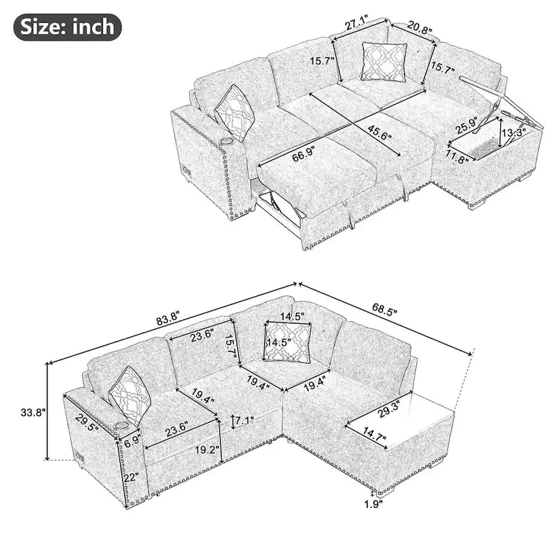 Canapé-lit d'angle en forme de L de 83,8 cm avec méridienne de rangement, ports USB, prises électriques et porte-gobelet pour salon.