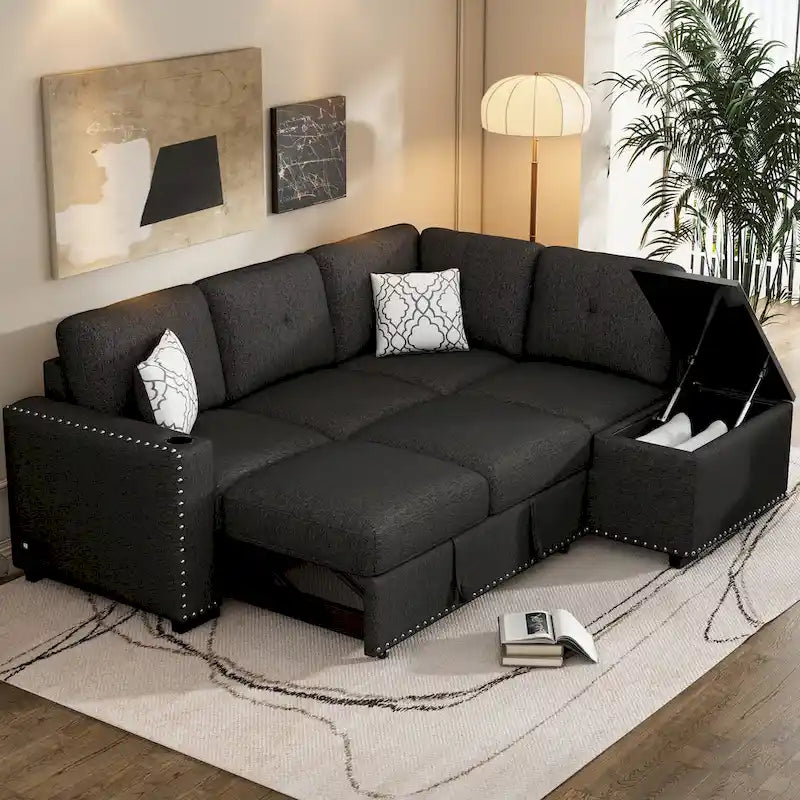 Canapé-lit d'angle en forme de L de 83,8 cm avec méridienne de rangement, ports USB, prises électriques et porte-gobelet pour salon.