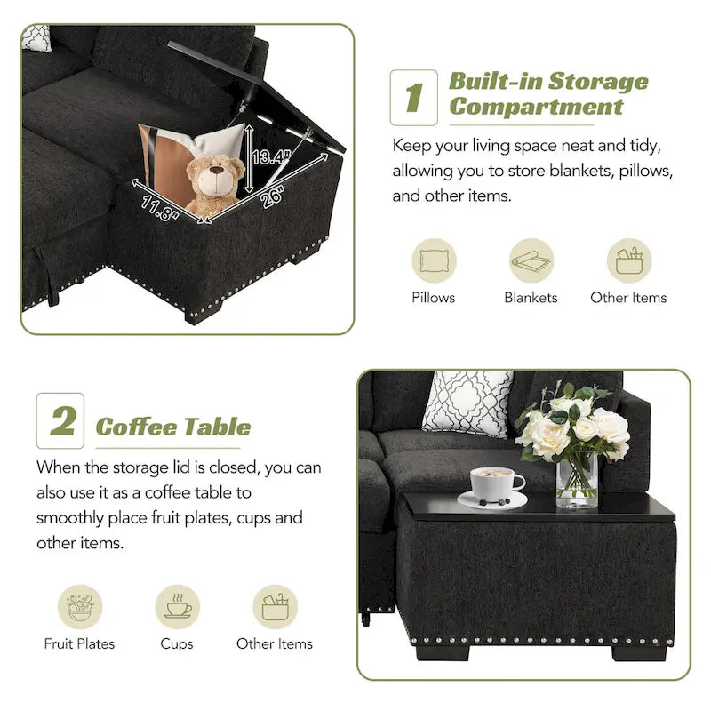 Canapé-lit d'angle en forme de L de 83,8 cm avec méridienne de rangement, ports USB, prises électriques et porte-gobelet pour salon.