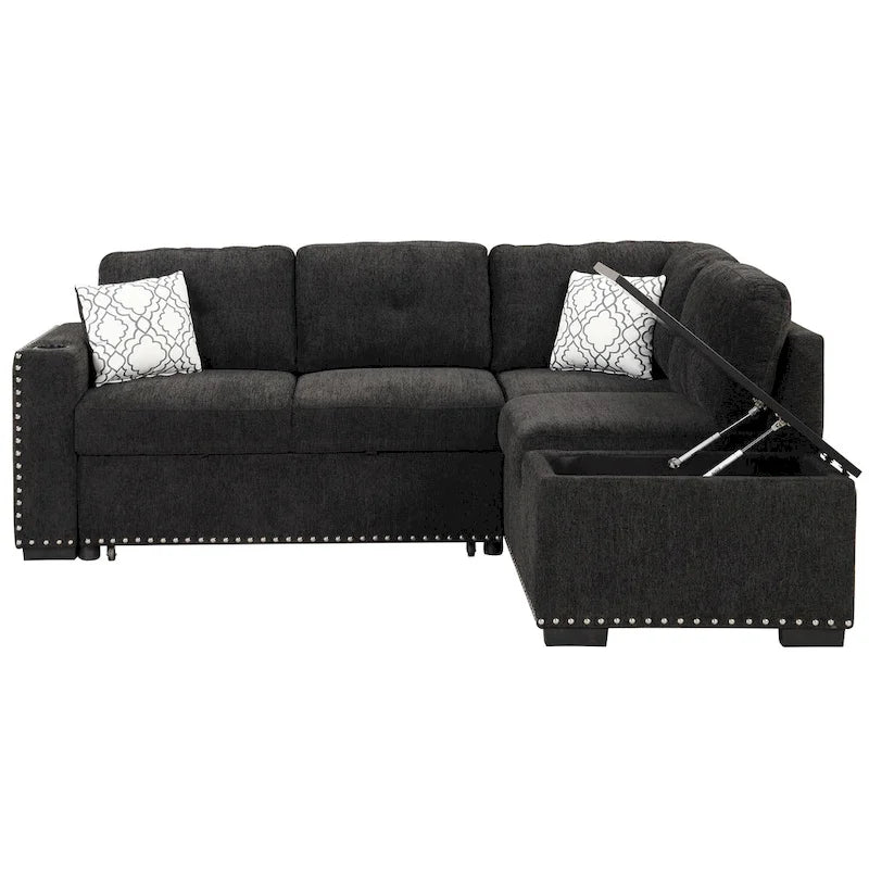 Canapé-lit d'angle en forme de L de 83,8 cm avec méridienne de rangement, ports USB, prises électriques et porte-gobelet pour salon.