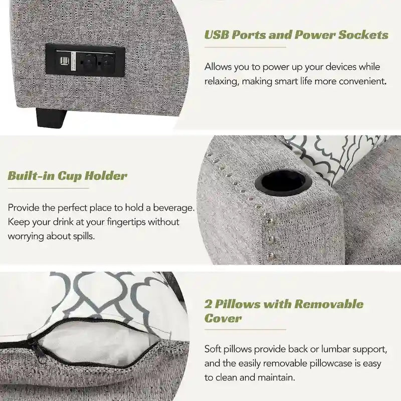 Canapé-lit d'angle en forme de L de 83,8 cm avec méridienne de rangement, ports USB, prises électriques et porte-gobelet pour salon.