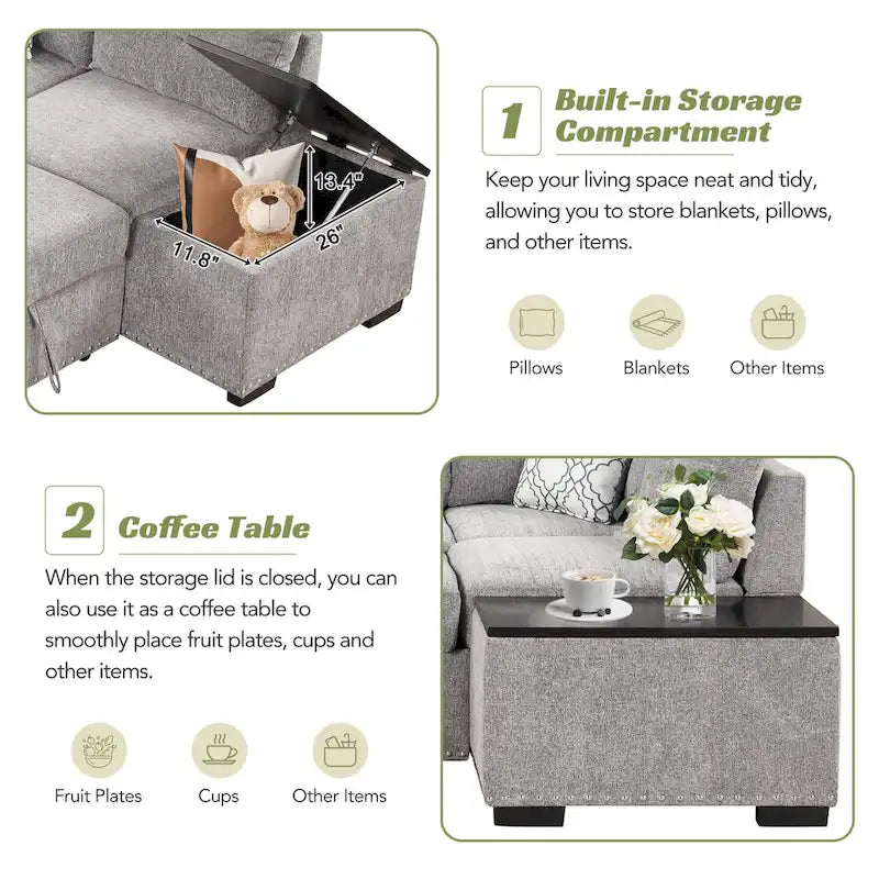 Canapé-lit d'angle en forme de L de 83,8 cm avec méridienne de rangement, ports USB, prises électriques et porte-gobelet pour salon.