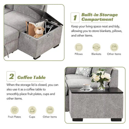 Canapé-lit d'angle en forme de L de 83,8 cm avec méridienne de rangement, ports USB, prises électriques et porte-gobelet pour salon.