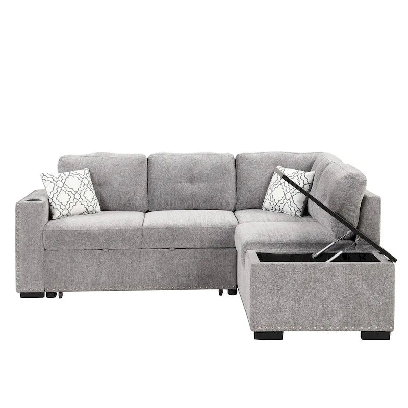 Canapé-lit d'angle en forme de L de 83,8 cm avec méridienne de rangement, ports USB, prises électriques et porte-gobelet pour salon.
