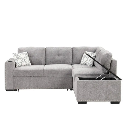 Canapé-lit d'angle en forme de L de 83,8 cm avec méridienne de rangement, ports USB, prises électriques et porte-gobelet pour salon.
