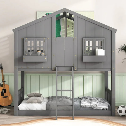 Lit superposé cabane (deux lits simples) avec toit, fenêtre, jardinière, porte, barrières de sécurité et échelle, gris