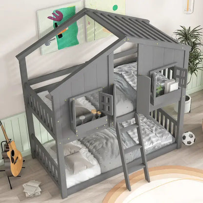 Lit superposé cabane (deux lits simples) avec toit, fenêtre, jardinière, porte, barrières de sécurité et échelle, gris