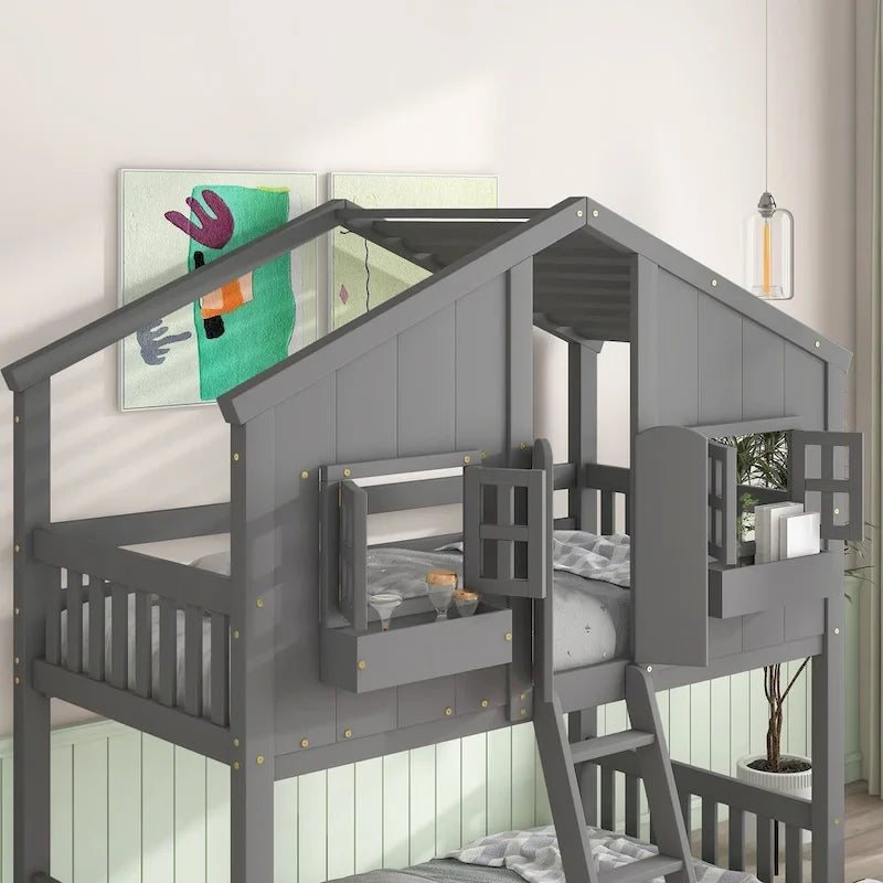 Lit superposé cabane (deux lits simples) avec toit, fenêtre, jardinière, porte, barrières de sécurité et échelle, gris