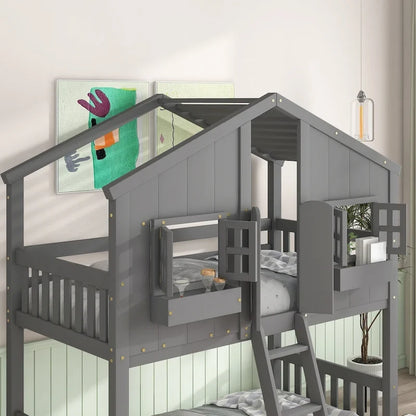 Lit superposé cabane (deux lits simples) avec toit, fenêtre, jardinière, porte, barrières de sécurité et échelle, gris
