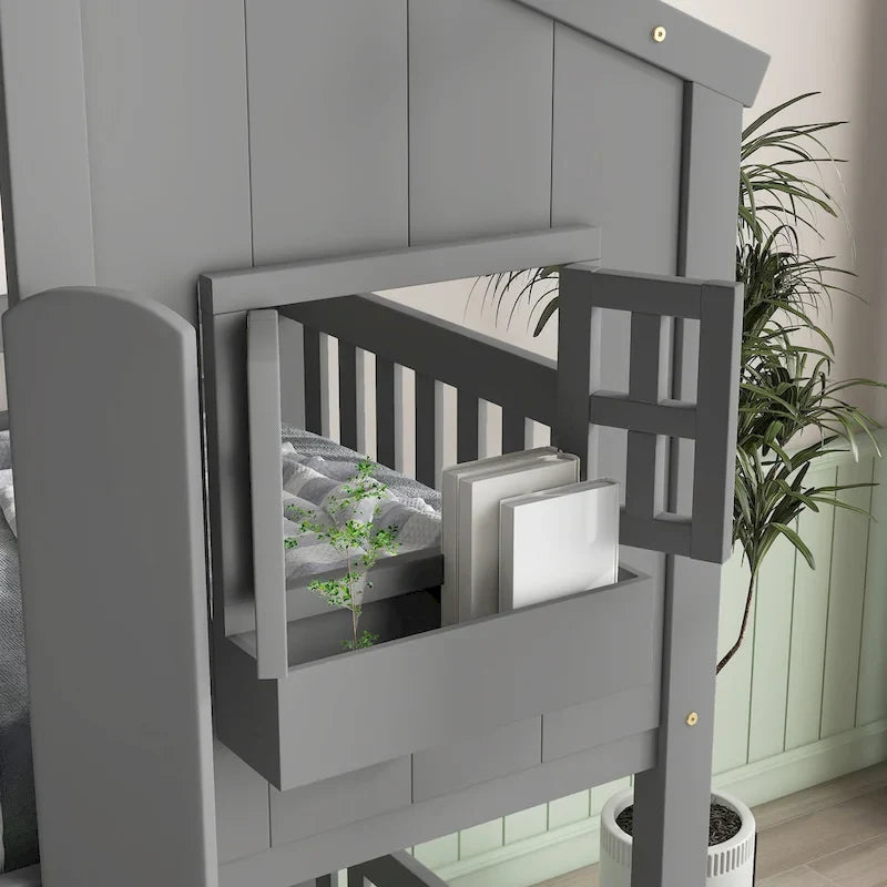 Lit superposé cabane (deux lits simples) avec toit, fenêtre, jardinière, porte, barrières de sécurité et échelle, gris