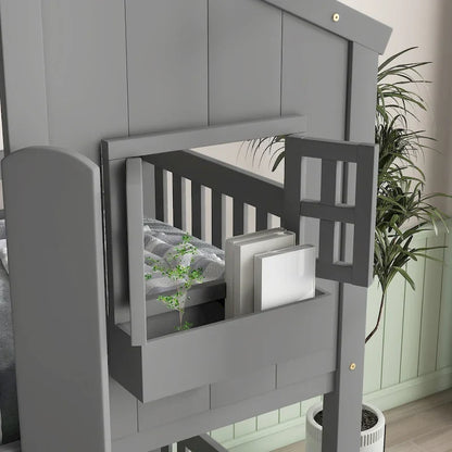 Lit superposé cabane (deux lits simples) avec toit, fenêtre, jardinière, porte, barrières de sécurité et échelle, gris