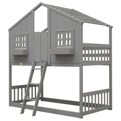 Lit superposé cabane (deux lits simples) avec toit, fenêtre, jardinière, porte, barrières de sécurité et échelle, gris