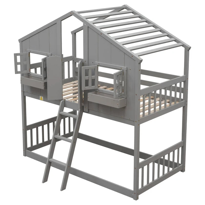 Lit superposé cabane (deux lits simples) avec toit, fenêtre, jardinière, porte, barrières de sécurité et échelle, gris