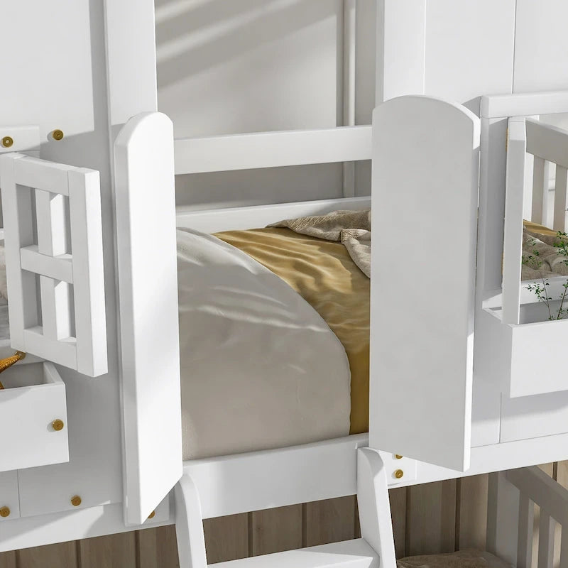 Lit superposé cabane (deux lits simples) avec toit, fenêtre, jardinière, porte, barrières de sécurité et échelle, gris