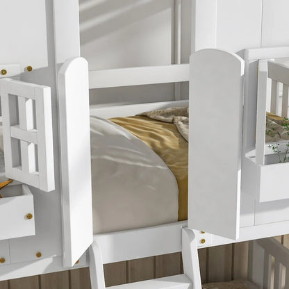 Lit superposé cabane (deux lits simples) avec toit, fenêtre, jardinière, porte, barrières de sécurité et échelle, gris
