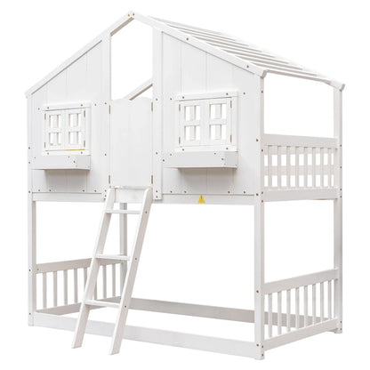 Lit superposé cabane (deux lits simples) avec toit, fenêtre, jardinière, porte, barrières de sécurité et échelle, gris