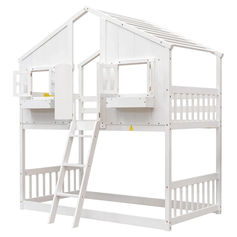 Lit superposé cabane (deux lits simples) avec toit, fenêtre, jardinière, porte, barrières de sécurité et échelle, gris