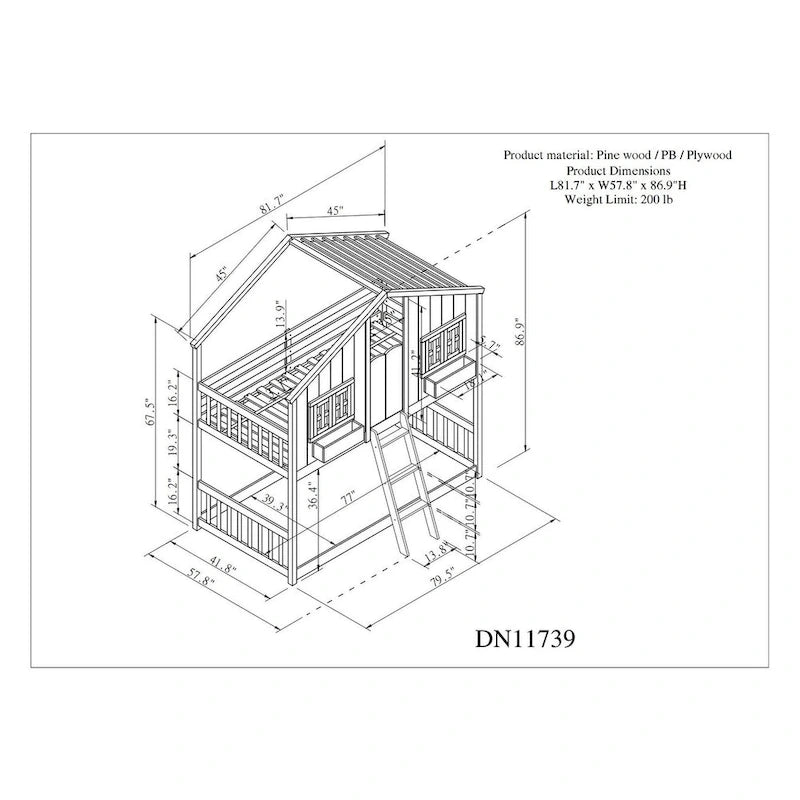 Lit superposé cabane (deux lits simples) avec toit, fenêtre, jardinière, porte, barrières de sécurité et échelle, gris