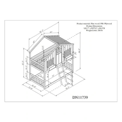 Lit superposé cabane (deux lits simples) avec toit, fenêtre, jardinière, porte, barrières de sécurité et échelle, gris