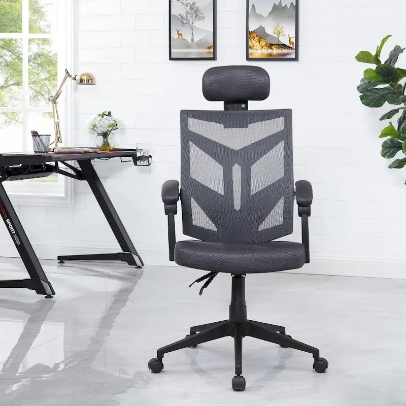 Chaise de bureau ergonomique réglable avec appui-tête, chaise de bureau ergonomique à dossier haut en maille avec soutien lombaire et roulettes