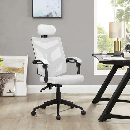 Chaise de bureau ergonomique réglable avec appui-tête, chaise de bureau ergonomique à dossier haut en maille avec soutien lombaire et roulettes