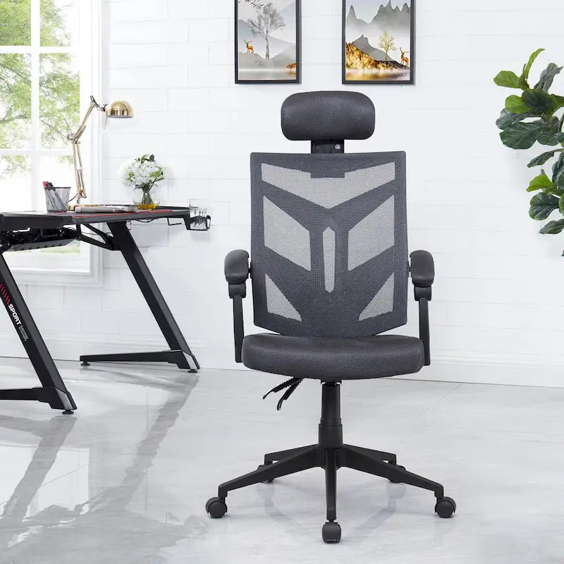 Chaise de bureau ergonomique réglable avec appui-tête, chaise de bureau ergonomique à dossier haut en maille avec soutien lombaire et roulettes