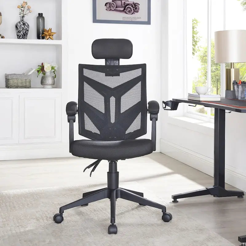 Chaise de bureau ergonomique réglable avec appui-tête, chaise de bureau ergonomique à dossier haut en maille avec soutien lombaire et roulettes