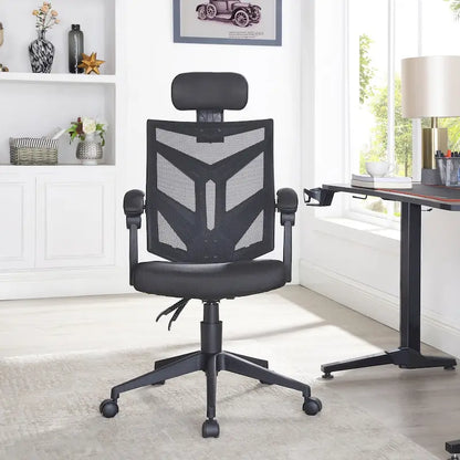 Chaise de bureau ergonomique réglable avec appui-tête, chaise de bureau ergonomique à dossier haut en maille avec soutien lombaire et roulettes
