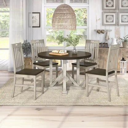 Ensemble de salle à manger 5 pièces Derry Farmhouse en bois massif blanc antique et chêne foncé, par Furniture of America