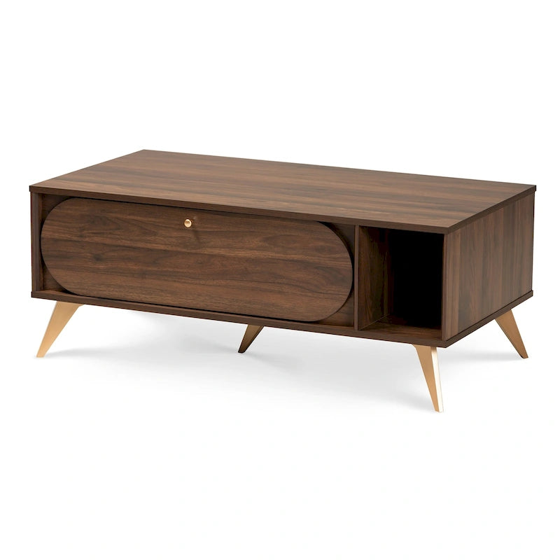 Table basse Edel style milieu du siècle, finition noyer brun et or
