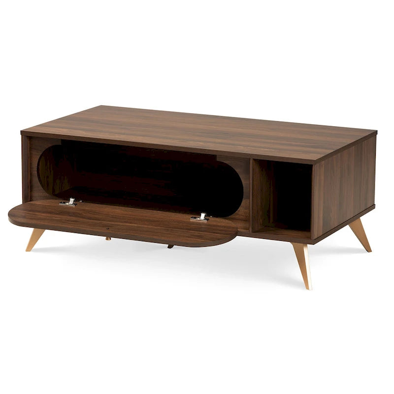 Table basse Edel style milieu du siècle, finition noyer brun et or