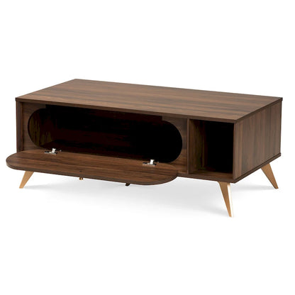 Table basse Edel style milieu du siècle, finition noyer brun et or